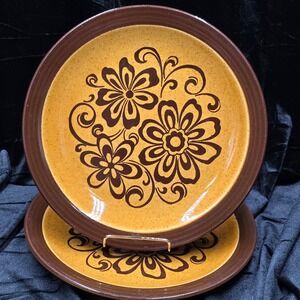 Homer Laughlin 1979 Dinner Plates Gold Floral Brown Set of 2 Vintage USA
